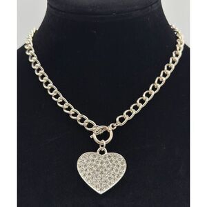 Silver Tone Pave Rhinestone Heart Choker Toggle Necklace 16” Valentine’s Jewelry